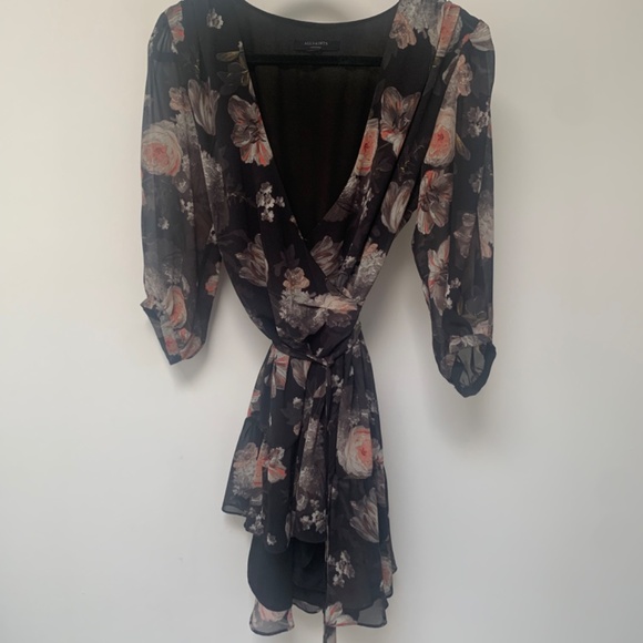 All Saints Jade Eden Dress - Mini Dark Floral Wrap Dress - Size Medium - Picture 7 of 12